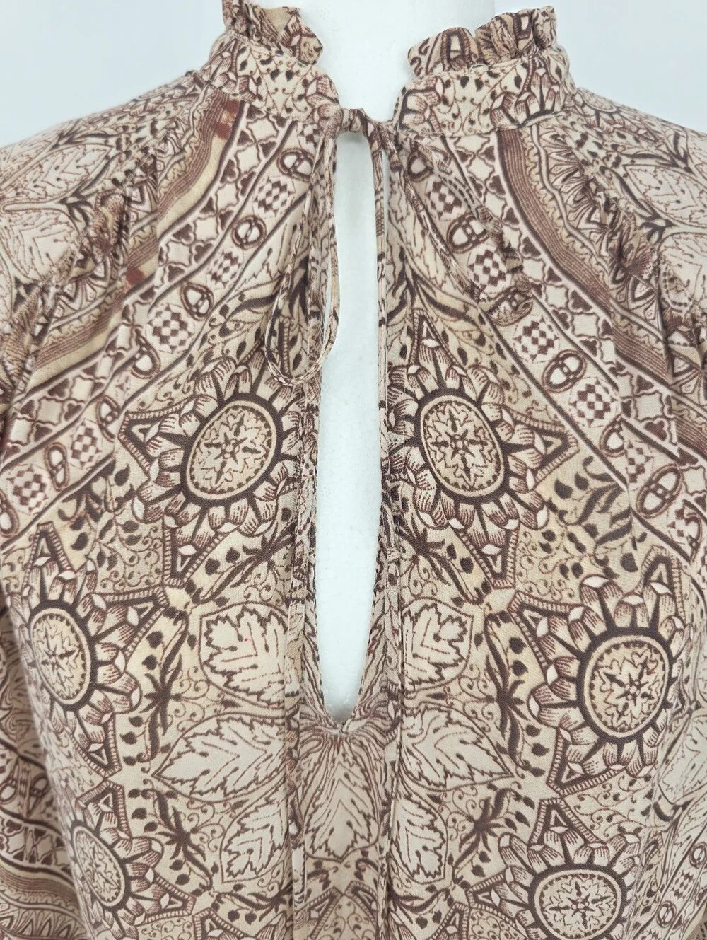 Free People Mock Neck Printed Boho Blouse Brown Cream Size Small